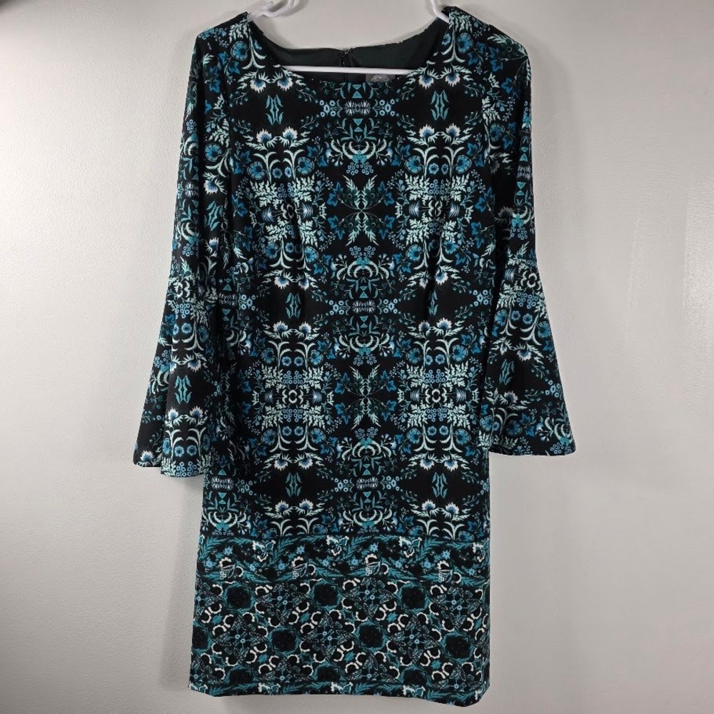 Vince Camuto Bell Sleeve Dress Black Teal Blue Floral Print Geometric Pattern